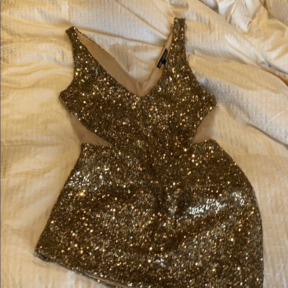 Bebe Addiction gold sequins mini dress
